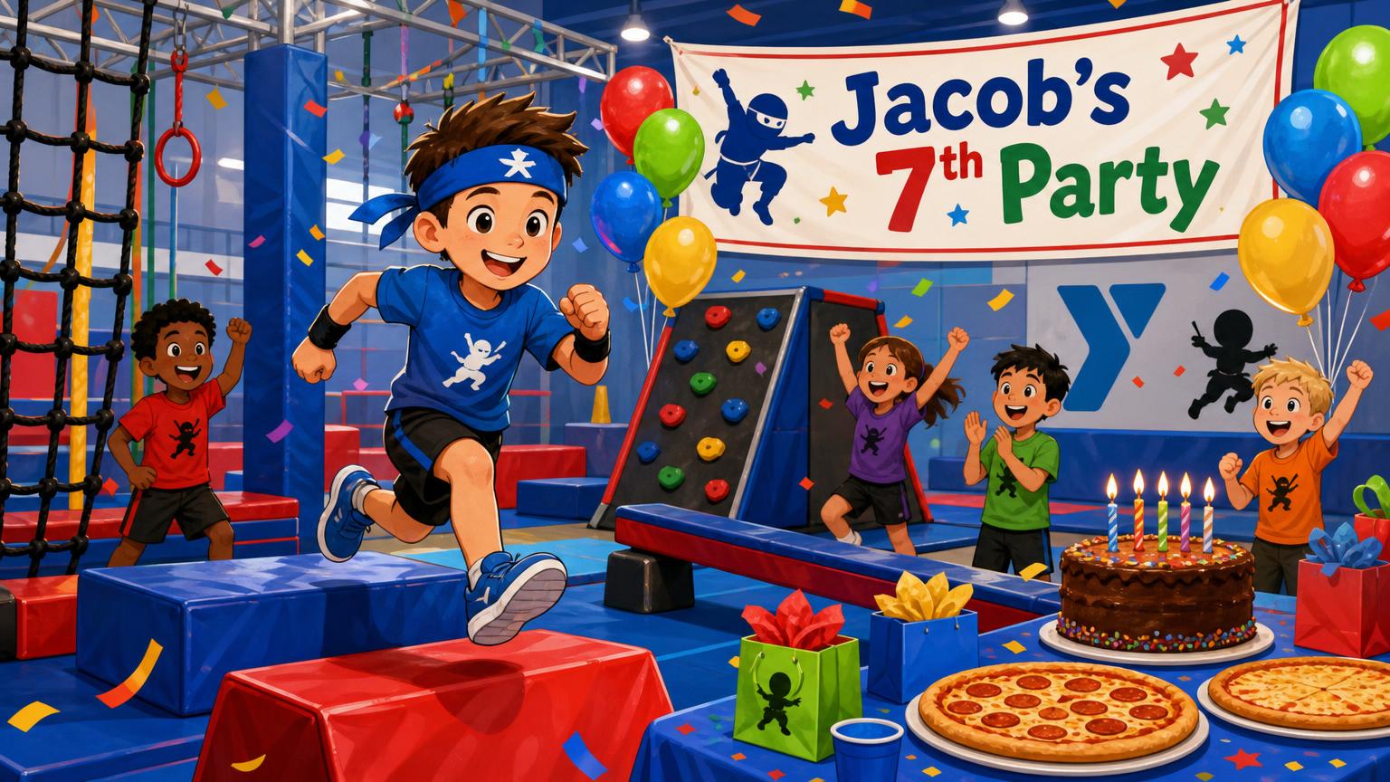 Cartoon illustration of Jacob running through a ninja warrior obstacle course at his birthday party, with a banner reading Jacob's 7th Party, balloons, pizza, and cake